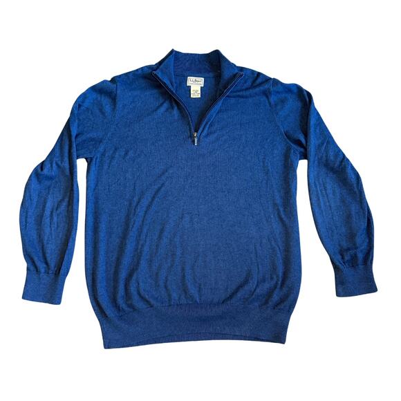 LL Bean Sweater Men Large Blue Cotton Cashmere Blend Quarter Zip - Picture 2 of 6